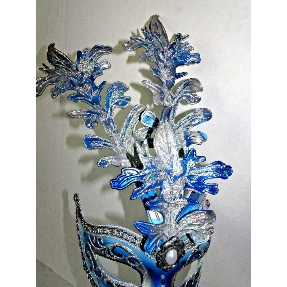 Beautiful Venetian Hand Painted Mask Venice Blue Masquerade with Handle Dated